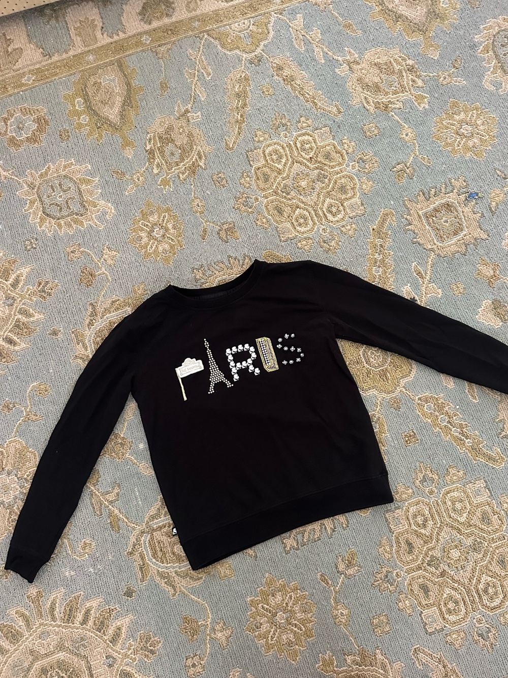 Karl Lagerfeld Black Embellished Crewneck sweater with Pearl & Sequin Paris Logo